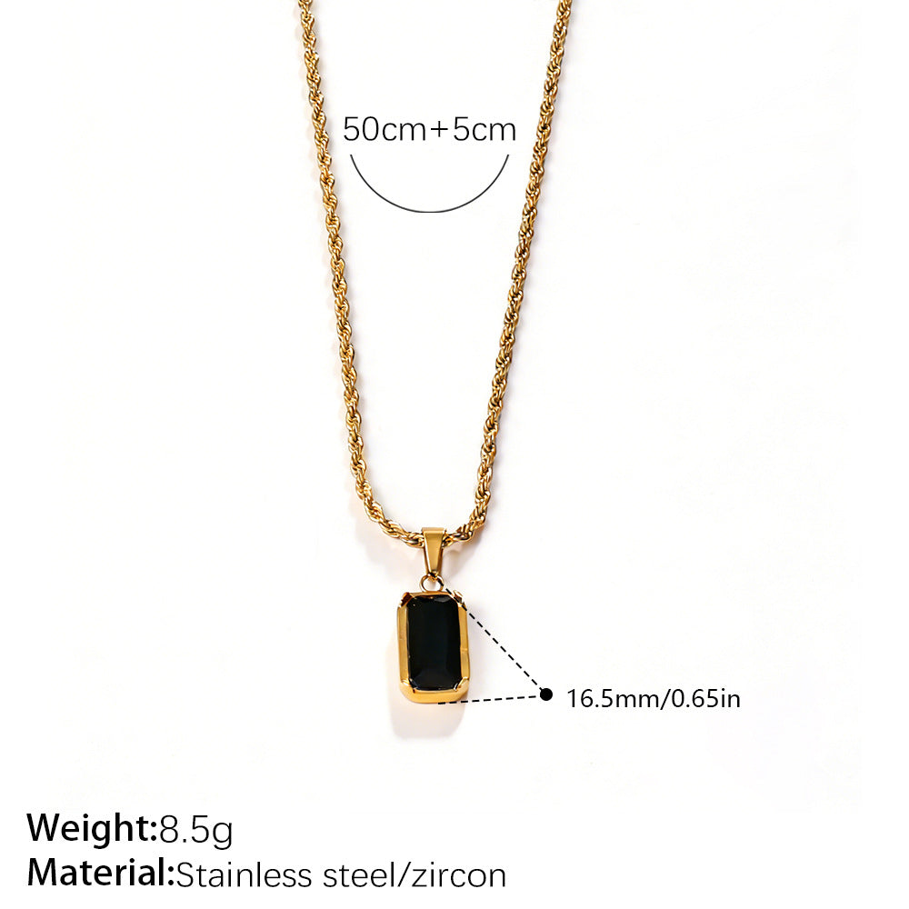 Vintage Stackable Double Layer Oval Black Onyx Pendant Necklace, 18K Gold Plated Square Black Zircon Clavicle Chain