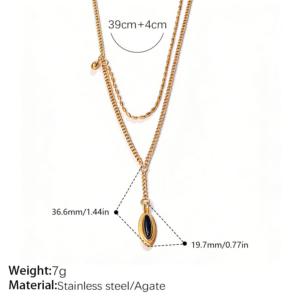 Vintage Stackable Double Layer Oval Black Onyx Pendant Necklace, 18K Gold Plated Square Black Zircon Clavicle Chain